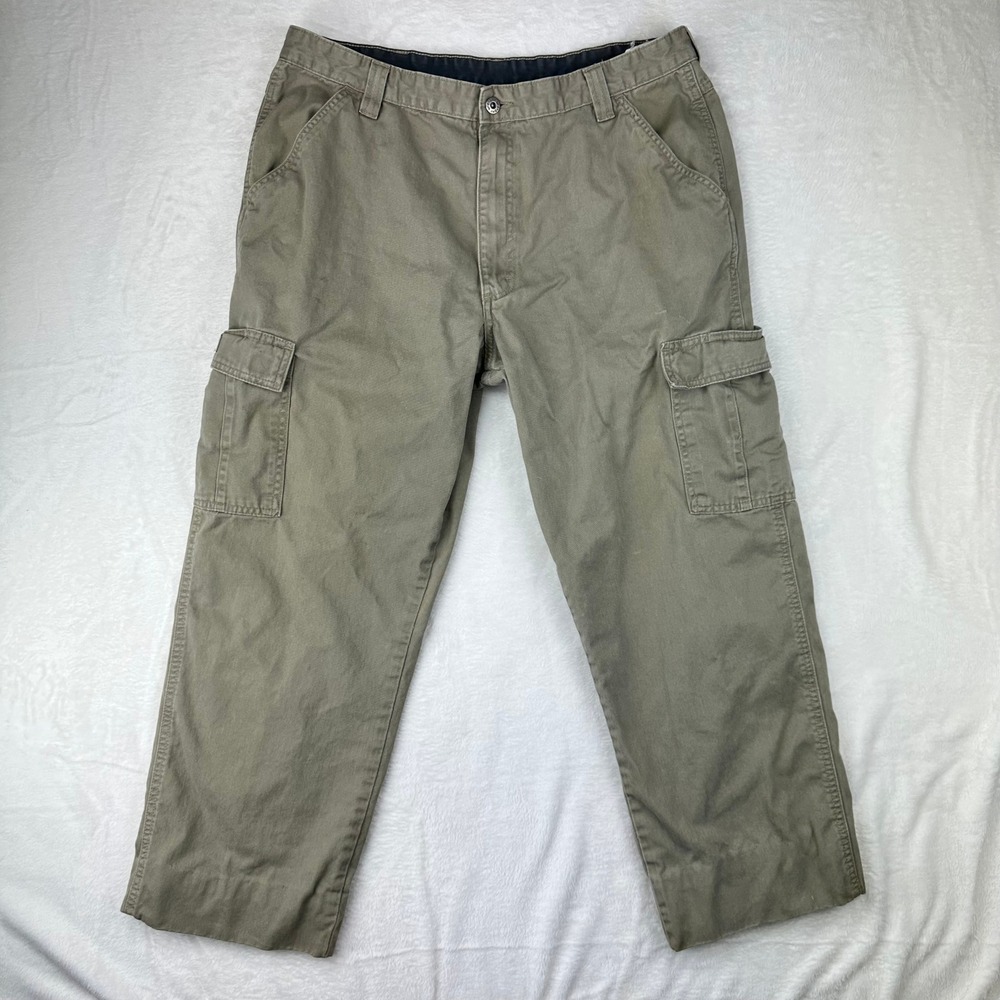 Wrangler Cargo Pants Mens 36x32 Straight‎ Fit Olive Green Workwear Cotton Twill